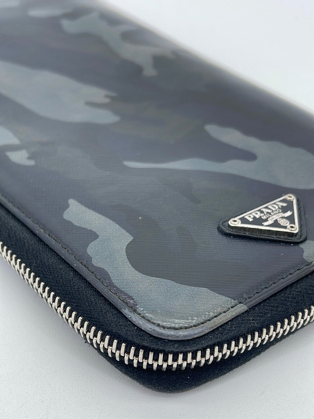 Preloved Prada Grey Camouflage Leather Long Zip Around Travel Wallet 107 062323