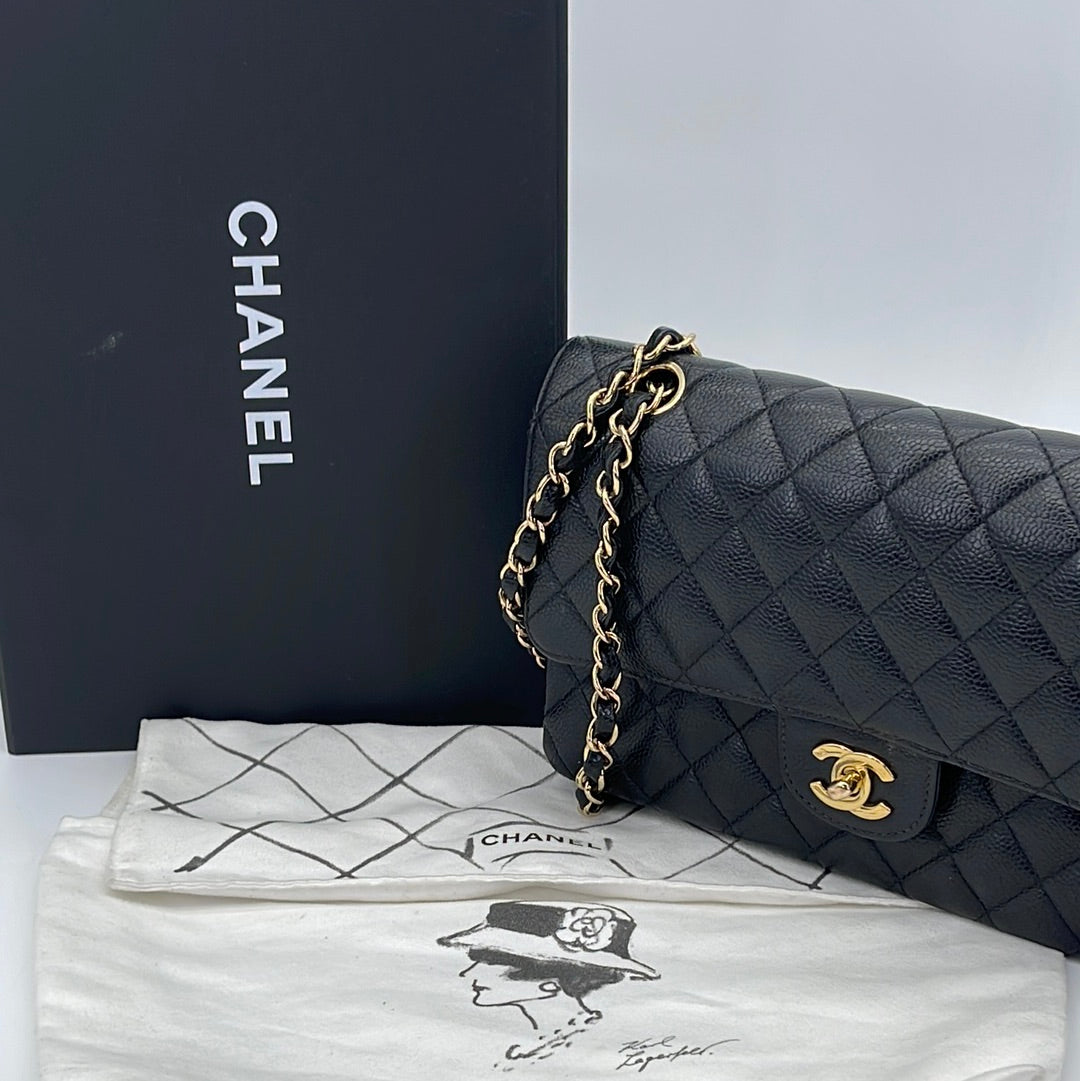 Preloved Chanel Black Quilted Caviar Medium Double Flap 24-Karat Gold  Plated Hardware Shoulder Bag 9698088 060523