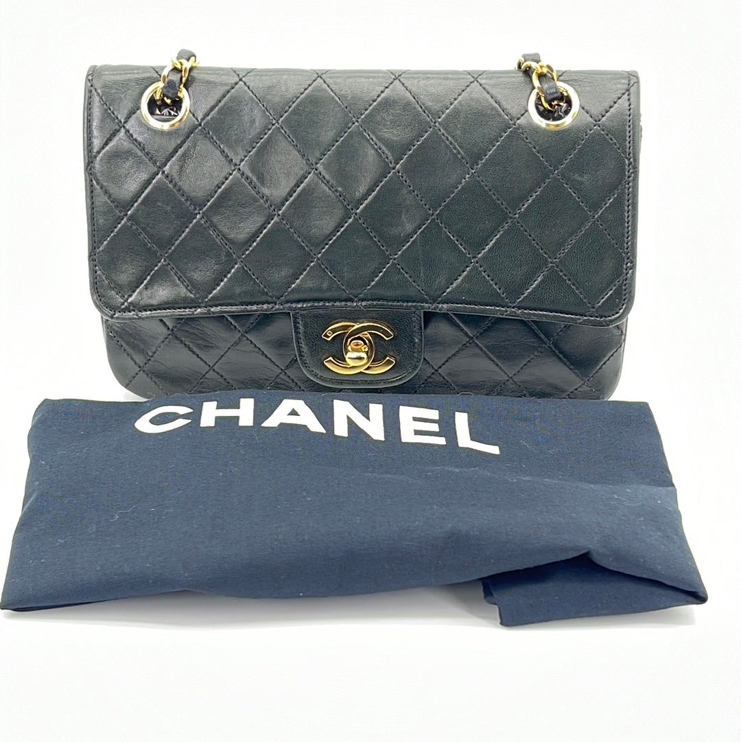 CHANEL Black Lambskin Quilted Leather 24K Gold Plated Shoulder
