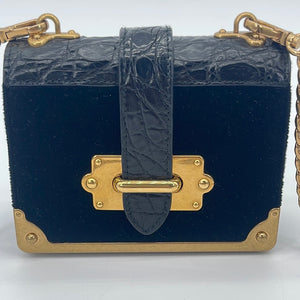 GIFTABLE Preloved Prada Black Velvet with Crocodile Embossed Leather Micro Cahier Crossbody Bag 233 052223 $500 OFF