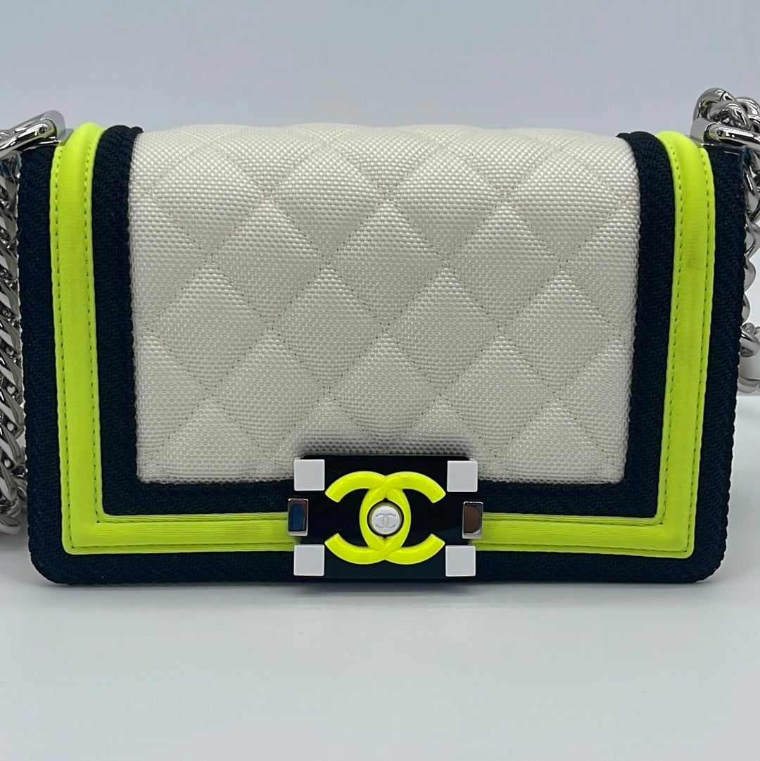 Preloved CHANEL White, Black, Green Quilted Canvas Small Fluo Boy Bag 22455952 052223