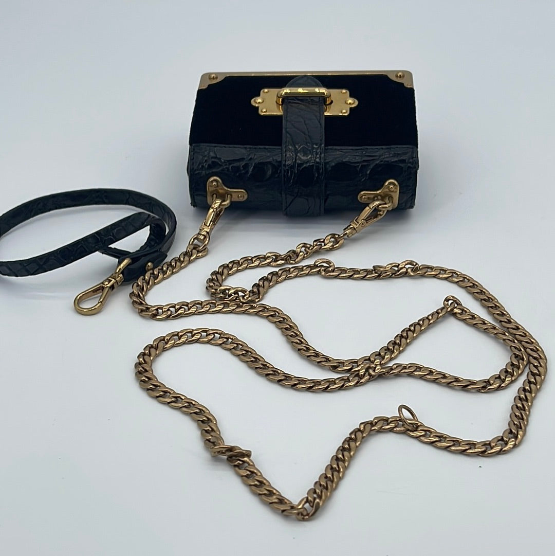 Preloved Prada Black Velvet with Crocodile Embossed Leather Micro Cahier Crossbody Bag 233 052223 $500 OFF