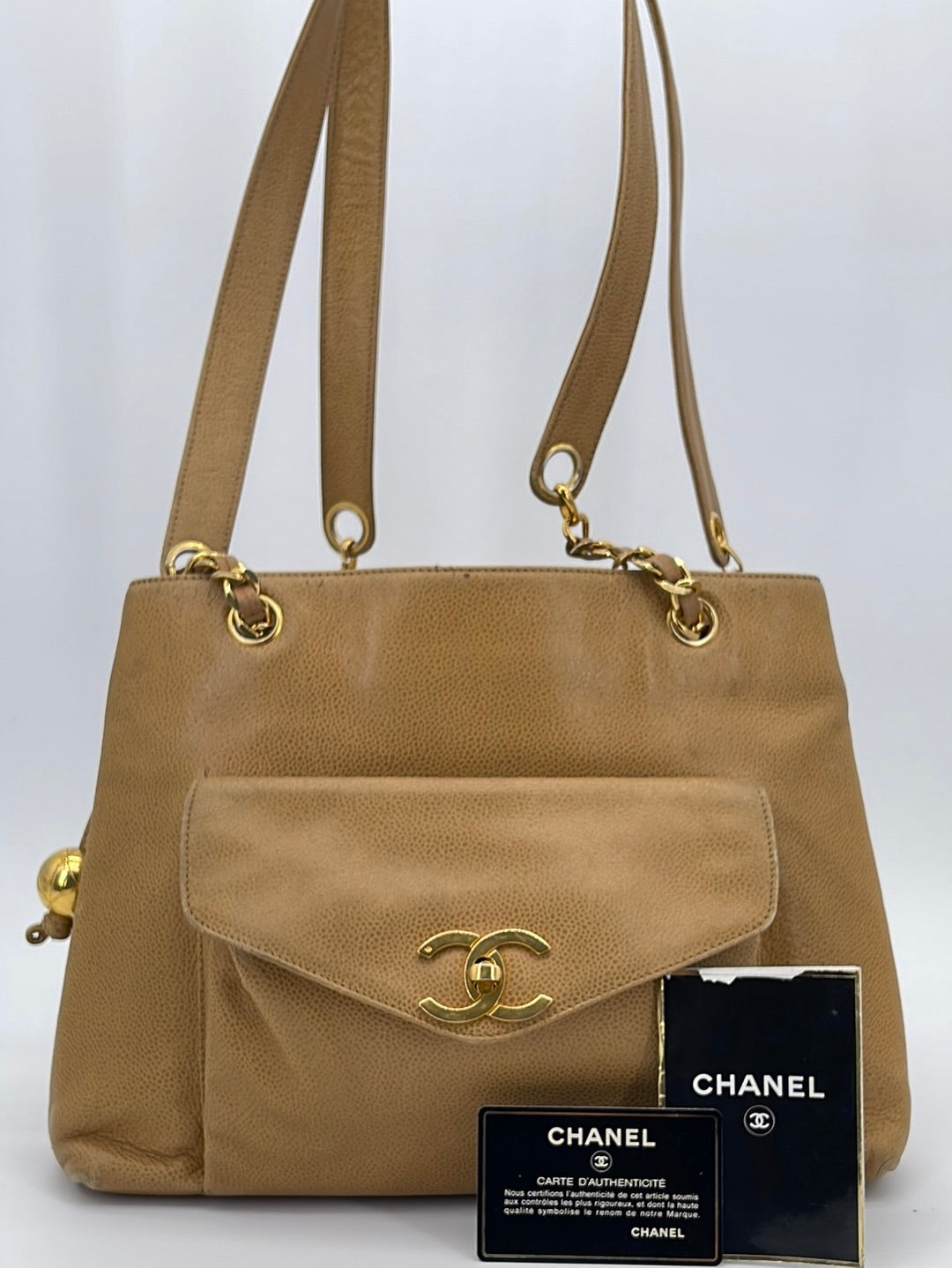 Preloved CHANEL Beige Cavier Leather Front Pocket Chain Shoulder Bag 2 –  KimmieBBags LLC