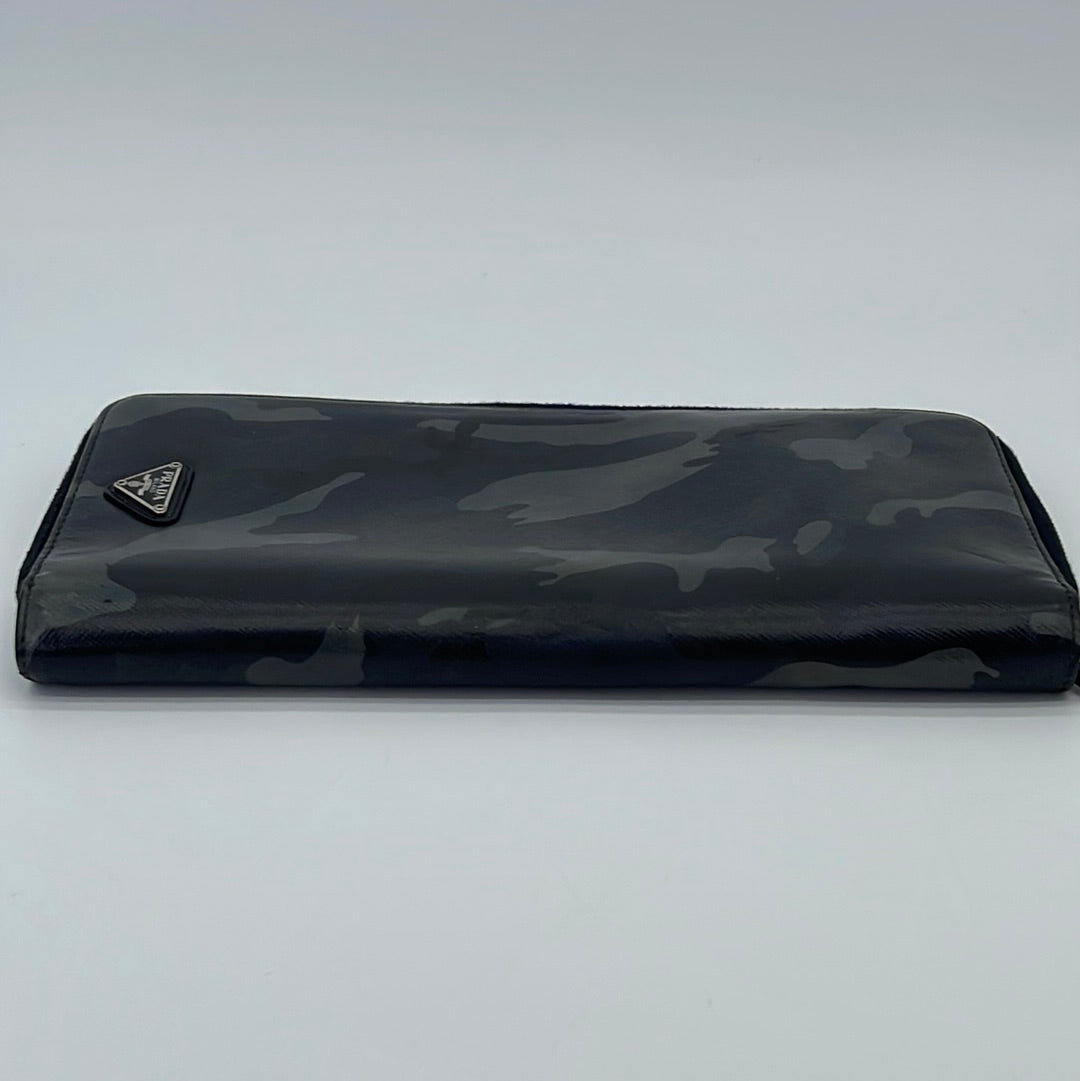 Preloved Prada Grey Camouflage Leather Long Zip Around Travel Wallet 107 062323