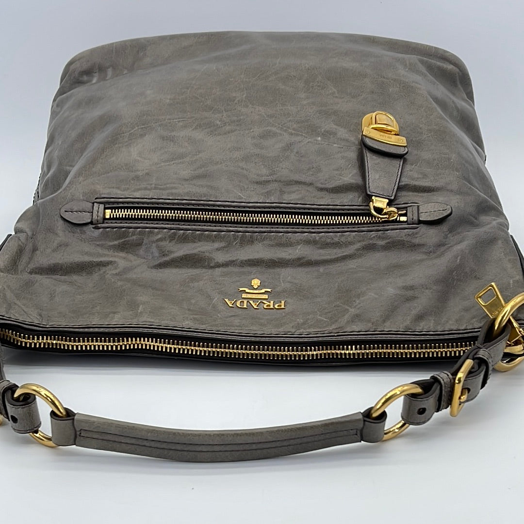 Preloved Prada Gray Vitello Shine Leather Large Hobo Bag 173 061323