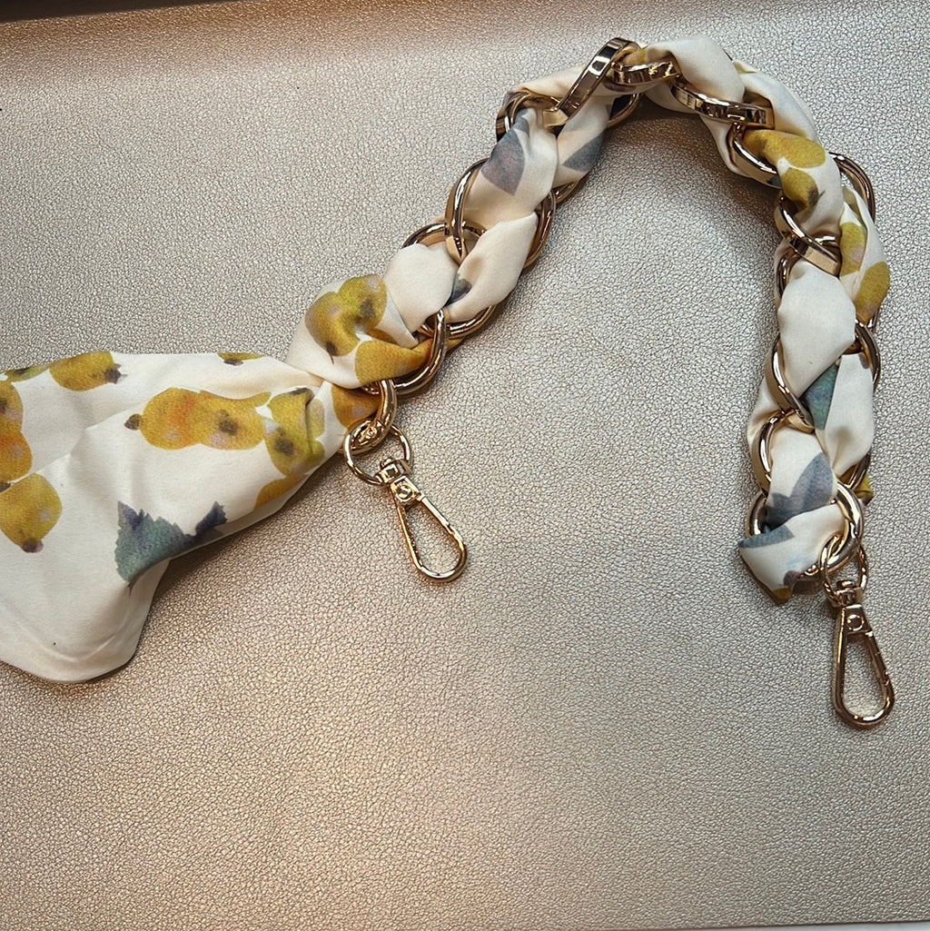 14" TWILLY SCARF GOLD CHAIN Cream & Yellow / Blue Print PRINT - DEAL OF THE NIGHT 061923