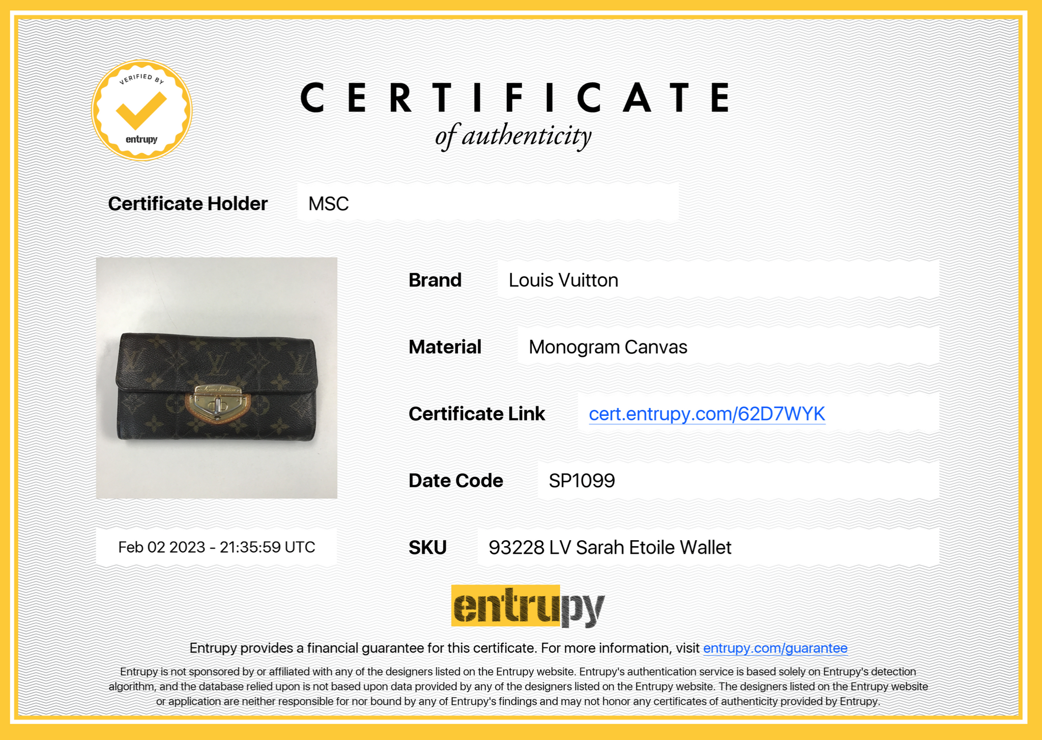 PRELOVED Louis Vuitton Monogran Sarah Etoile Wallet SP1099 020923