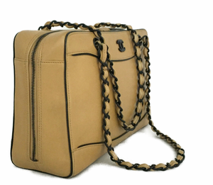 Vintage CHANEL Beige CC Logo Calfskin Black Chain Shoulder Bag 022623