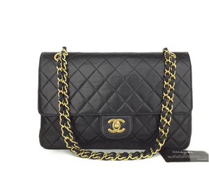 Vintage CHANEL Double Flap 27 Quilted CC Logo Black Lambskin Chain Bag 0974202 012023