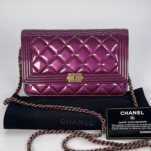 Preloved Chanel Quilted Purple Patent Leather Boy Wallet on Chain Crossbody Bag 030323
