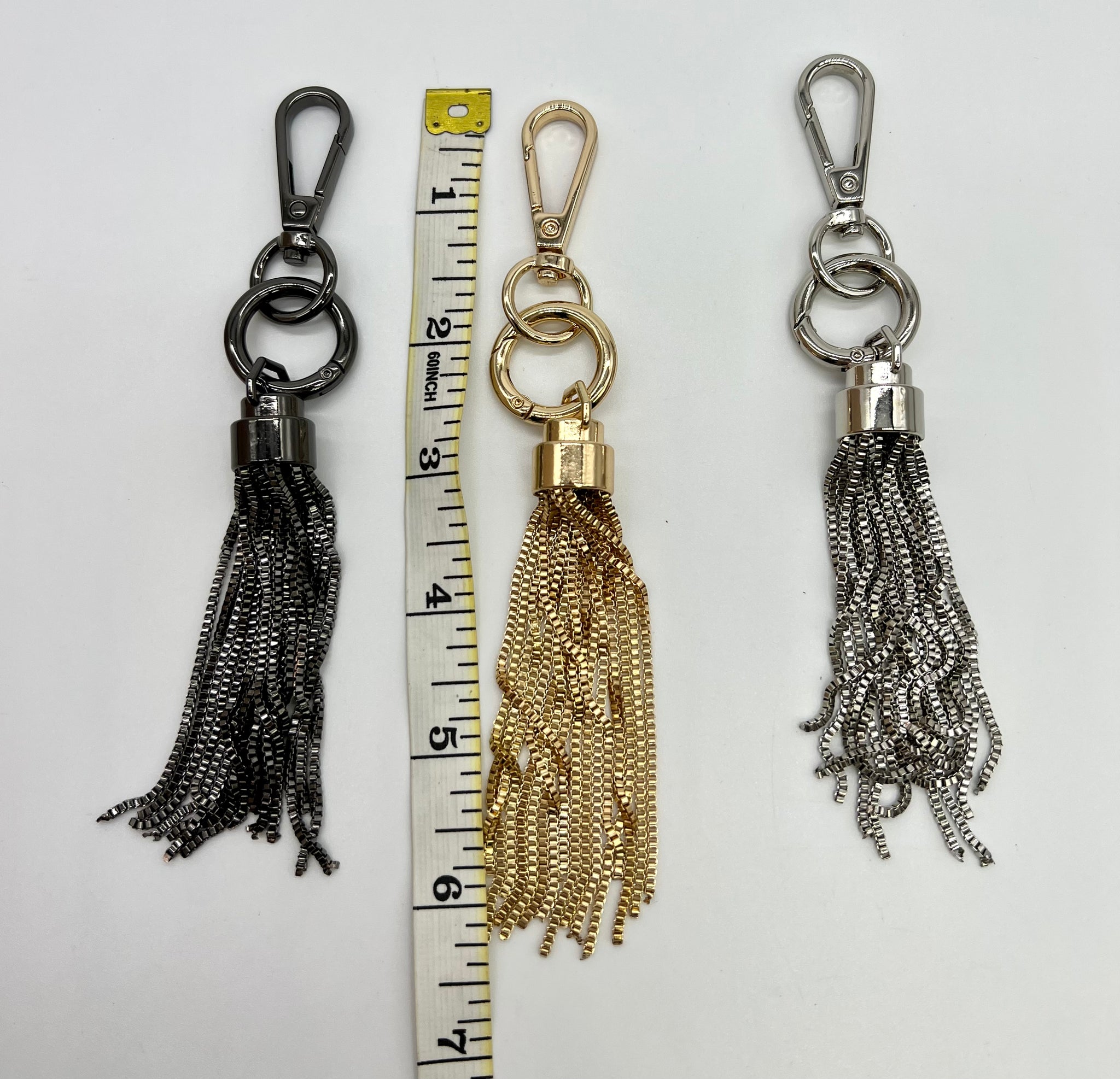 NEW Metal Tassel Keychain / Charm 6" - 3 Colors: Gold, Silver, & Dark Steel 031922