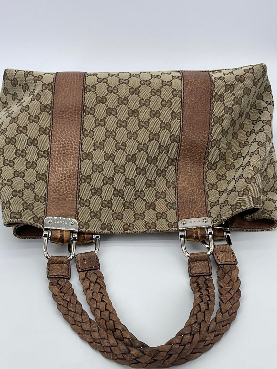 Auth Vtg Gucci brown canvas leather speedy handbag tote shop baguette purse  #23
