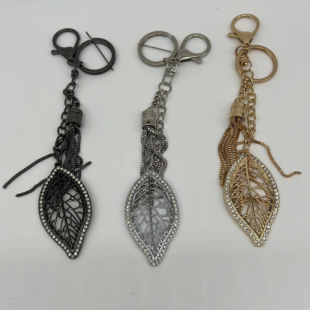 NEW Leaf with Rhinestones Metal Tassel Keychain / Charm 6" - 3 Colors: Gold, Silver, & Dark Steel 120123