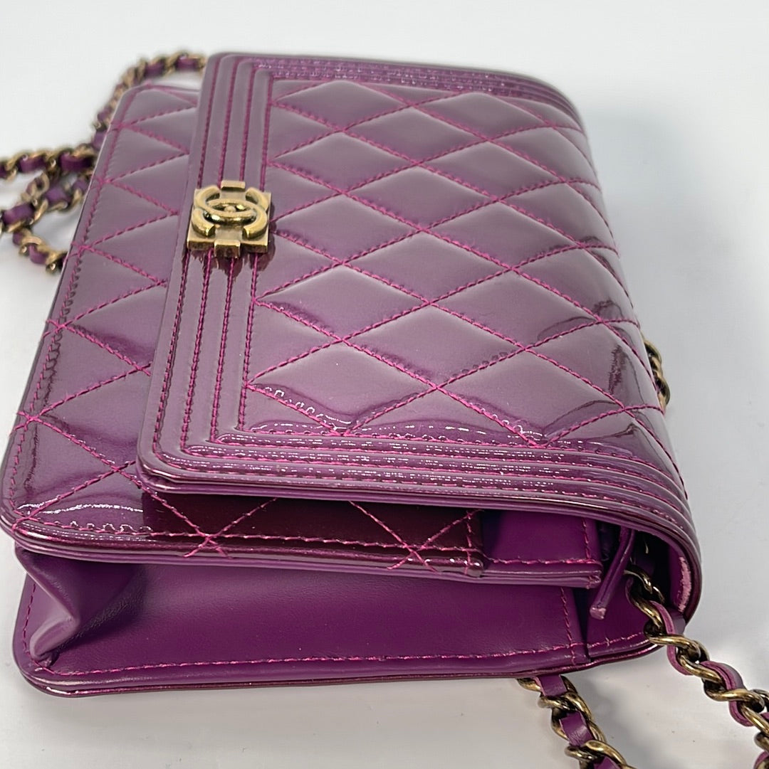 Preloved Chanel Quilted Purple Patent Leather Boy Wallet on Chain Crossbody Bag 030323