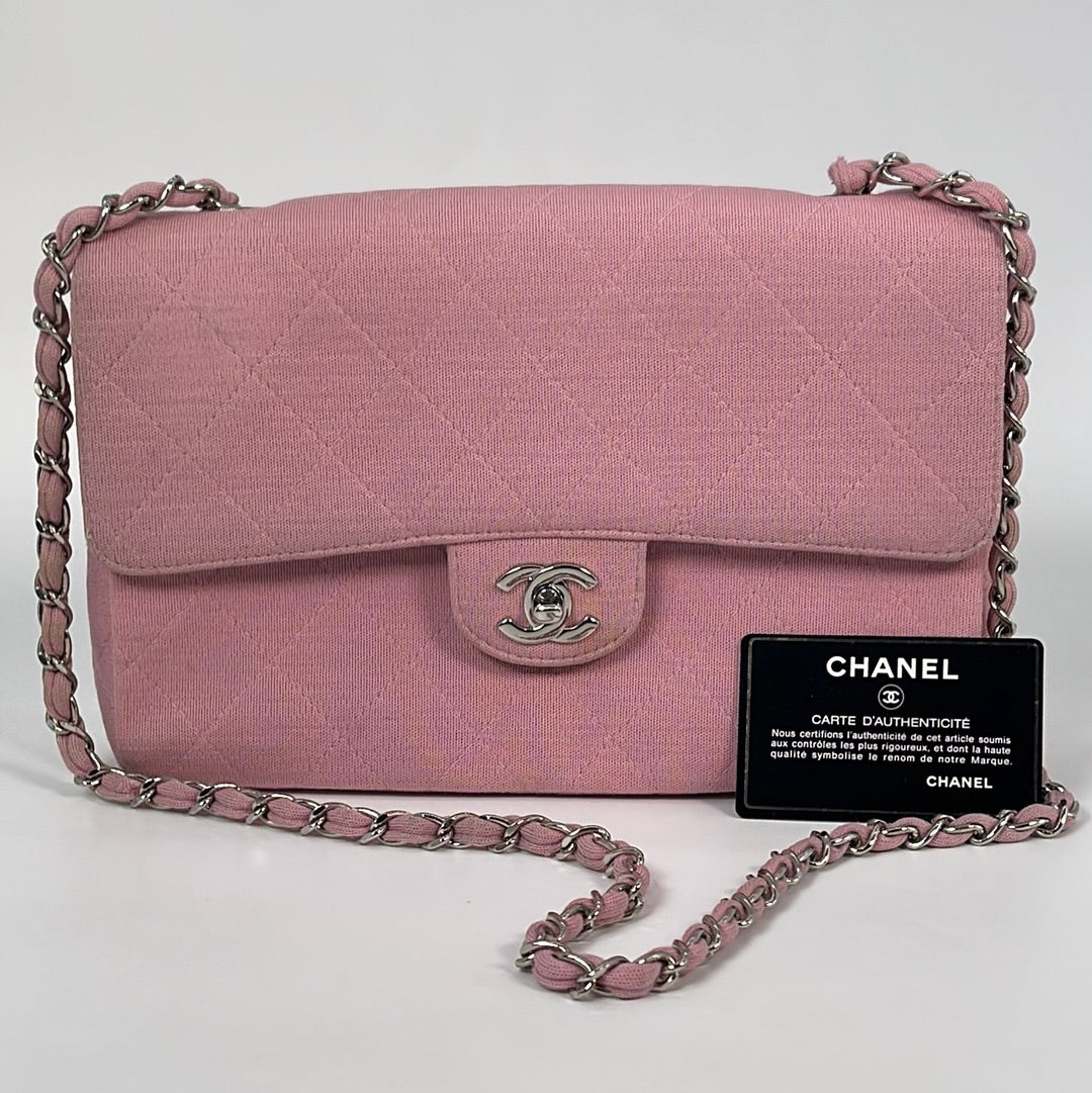 Pre-owned Chanel Pink Jersey Medium Classic Single Flap Shoulder Bag