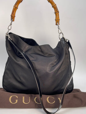 Preloved Gucci Black Canvas Bamboo Handle 2 Way Bag 001-1998-1577 013023