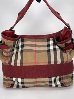 Burberry Exploded Check Canvas & Bright Rose Grained Leather Top Handle Tote - Handbag | Pre-owned & Certified | used Second Hand | Unisex