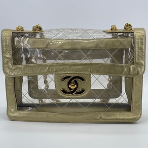 Preloved CHANEL Classic Flap Maxi Double Chain Shoulder Bag Clear Gold – KimmieBBags  LLC