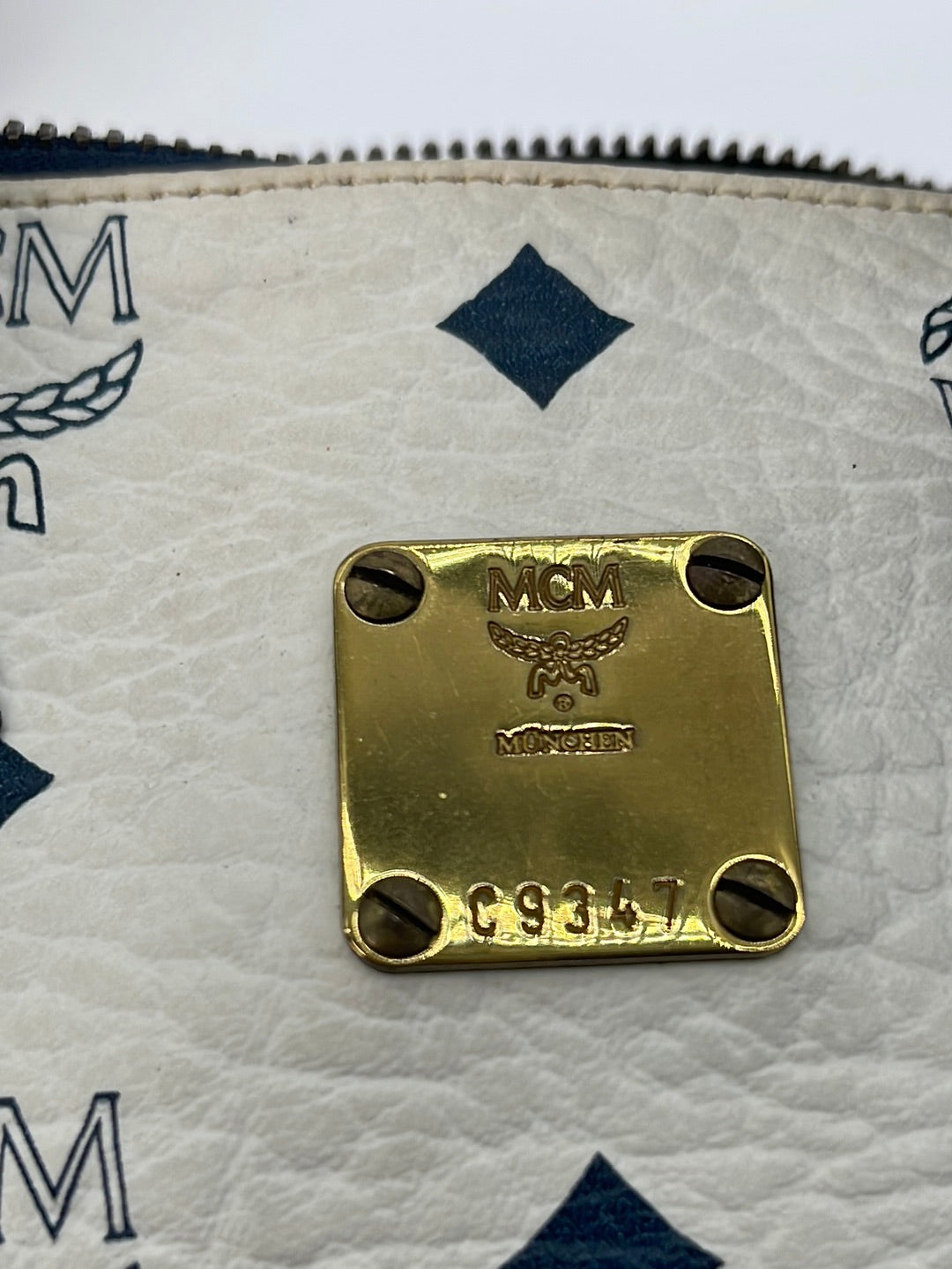 MCM White/Navy Blue Visetos Coated Canvas and Leather Boston Bag MCM