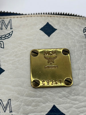 PRELOVED MCM White and Navy Blue Visetos Leather Mini Boston Handbag C9347 032223