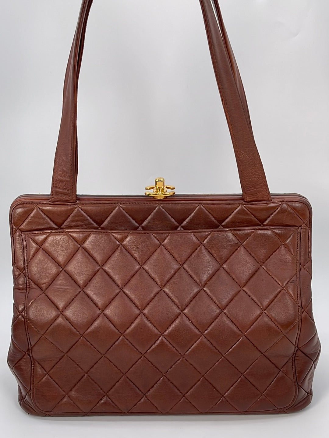 Preloved Chanel Brown Diamond Quilted Lambskin Leather CC Kiss Lock Tote 4392729 022723
