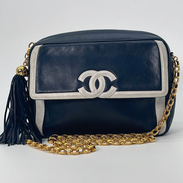 Vintage Chanel Fringe Chain Camera Bag Navy and White Lambskin