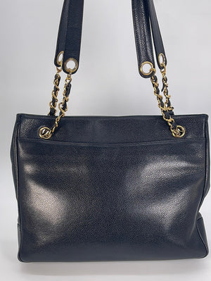 Vintage Chanel CC Logo Black Caviar Chain Shoulder Tote Bag 2590549 021323
