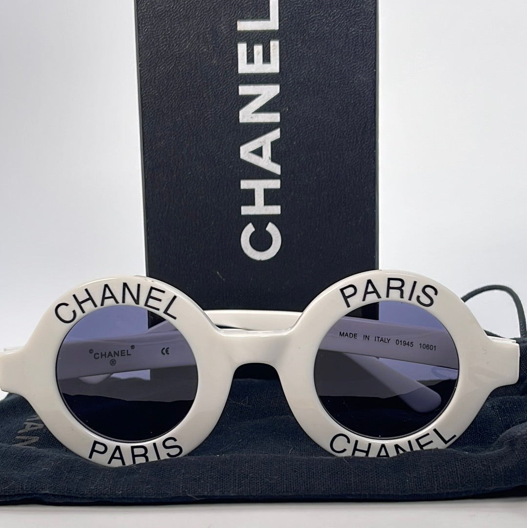 Preloved Chanel White Paris Sunglasses with Dust Bag and Box 298