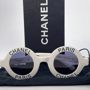 Preloved Chanel White Paris Sunglasses with Dust Bag and Box 298 030223 - $100 OFF FLASH SALE