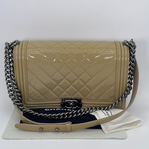 Preloved Chanel Beige Patent Leather Large Boy Flap Shoulder Bag 18917 –  KimmieBBags LLC