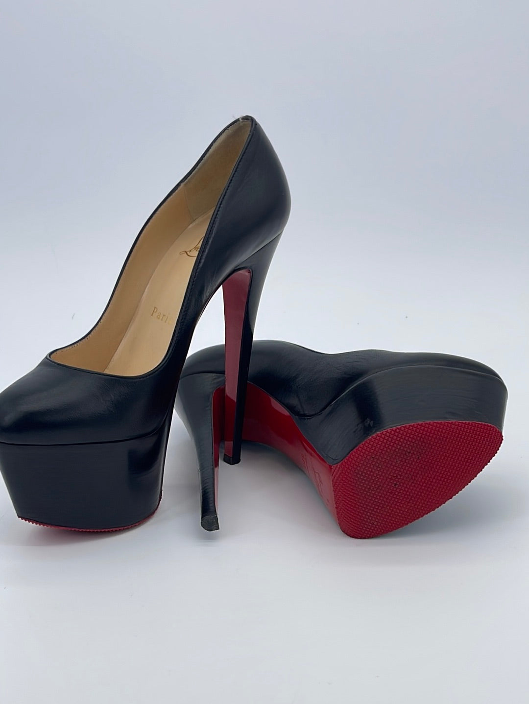 Preloved Christian Louboutin Victoria 160MM Platform Red Sole Black Heels 332 040523.  $300 OFF
