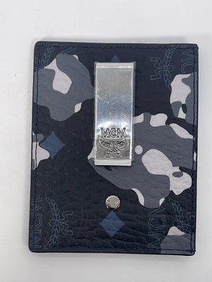 Preloved MCM Navy Floral Visetos Card Case with Money Clip MXCCATA04B1001 022223