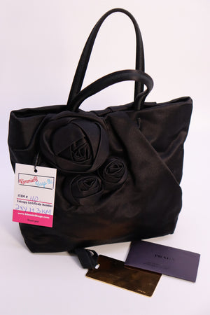 Preloved Prada Black Satin Raso Rose Handbag 110 110222
