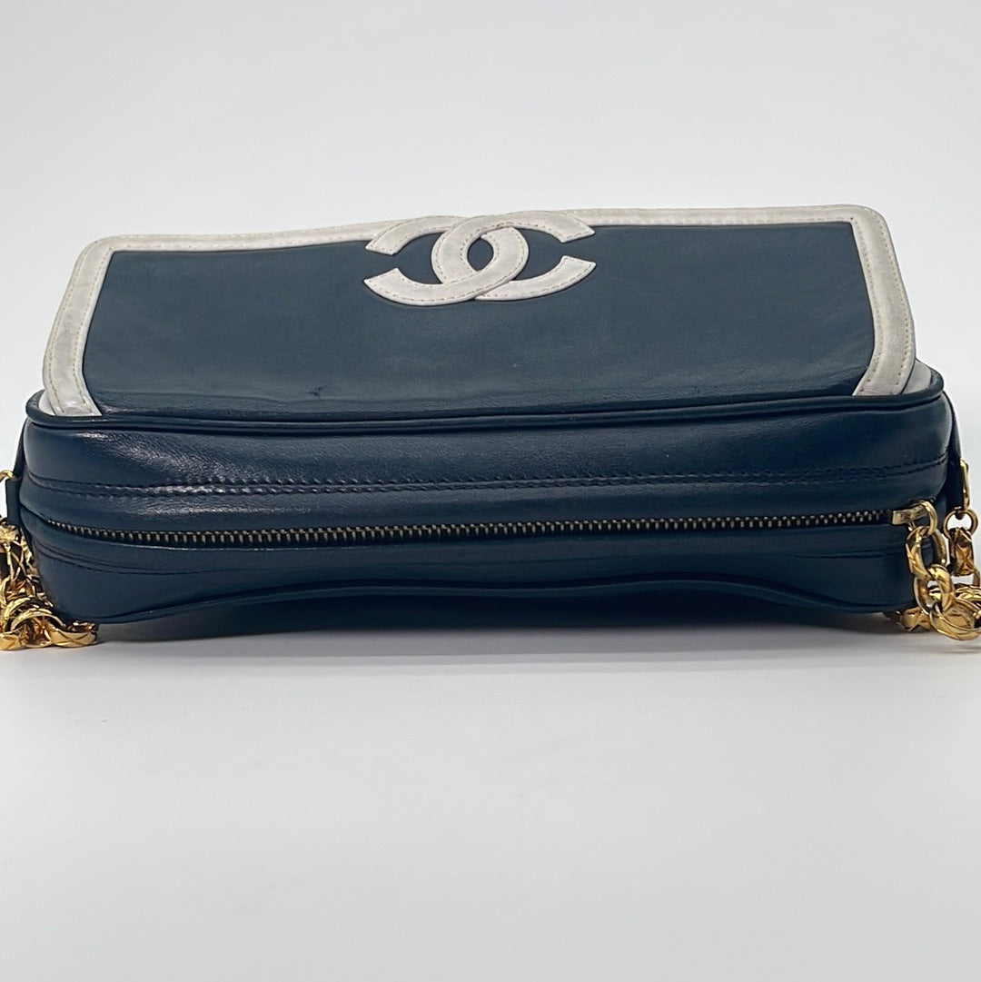 Chanel Vintage Navy Blue Matelasse Quilted Lambskin Leather Clutch Bag