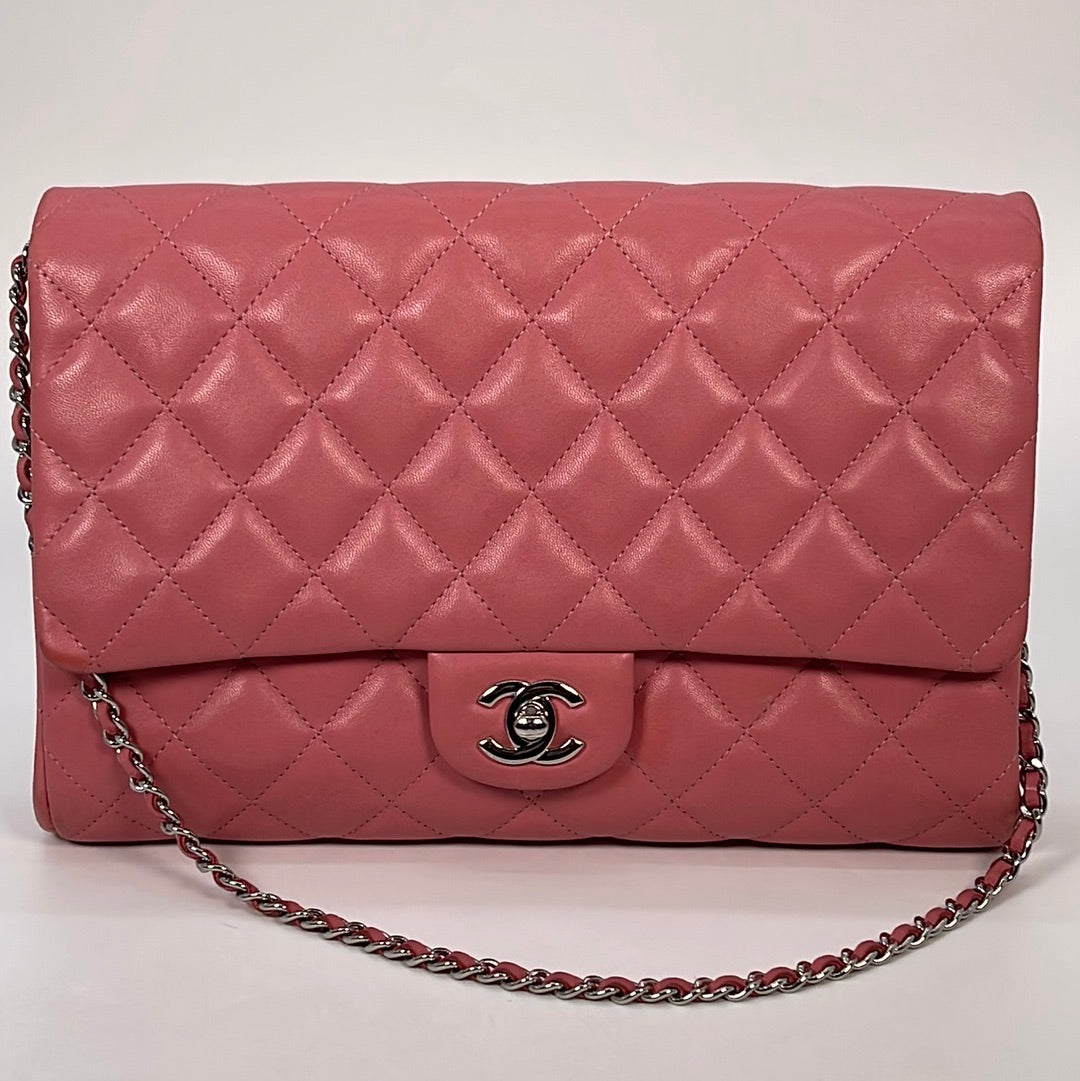 Pre-owned Chanel Pink Jersey Medium Classic Single Flap Shoulder Bag