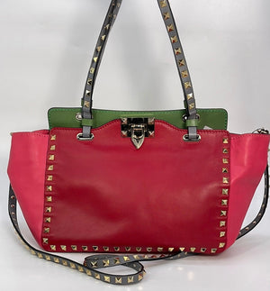 Preloved Valentino Red, Pink, and Green Leather Rockstud Tote with Crossbody Strap BLH037VMQ3 120822