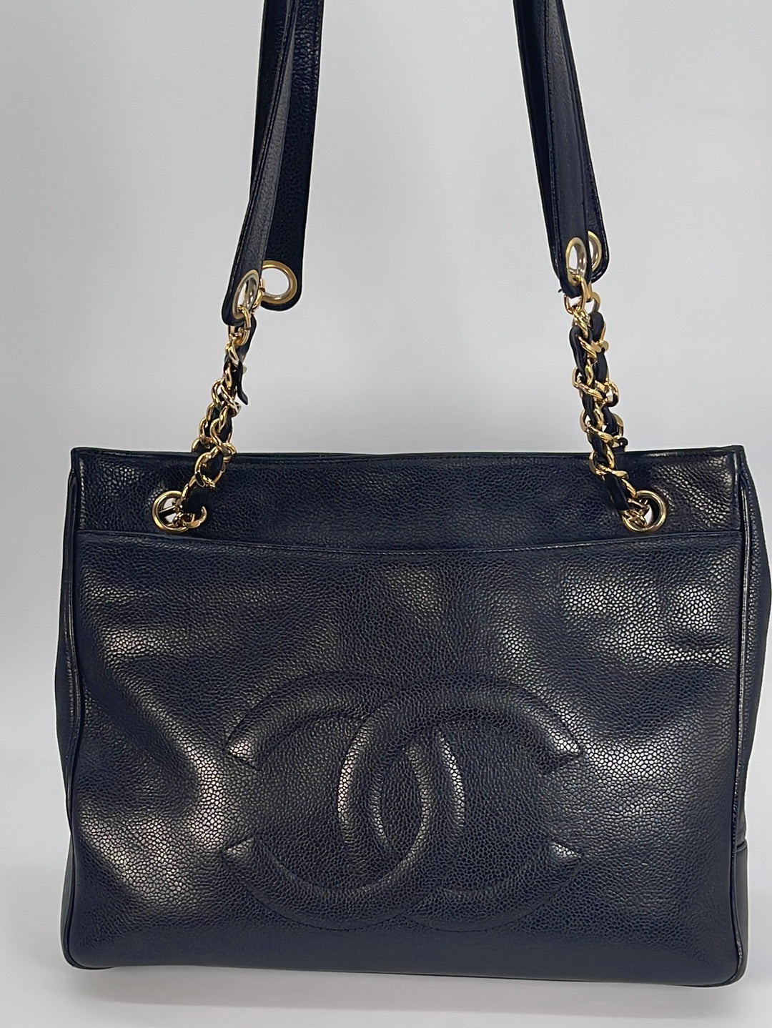 Vintage Chanel CC Logo Black Caviar Chain Shoulder Tote Bag