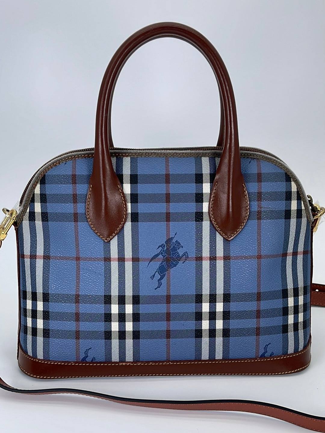 Preloved BURBERRY Blue Haymarket Check and Brown Leather Dome Handbag B84J7W9 031023