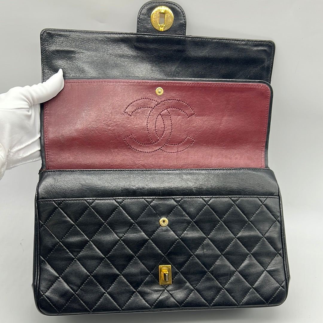 Vintage CHANEL Lambskin Medium Double Flap Black Matelasse Chain Bag 021323