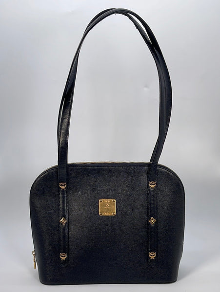 PRELOVED MCM Black Leather and Gold Studded Logo Boston Handbag M4929 –  KimmieBBags LLC