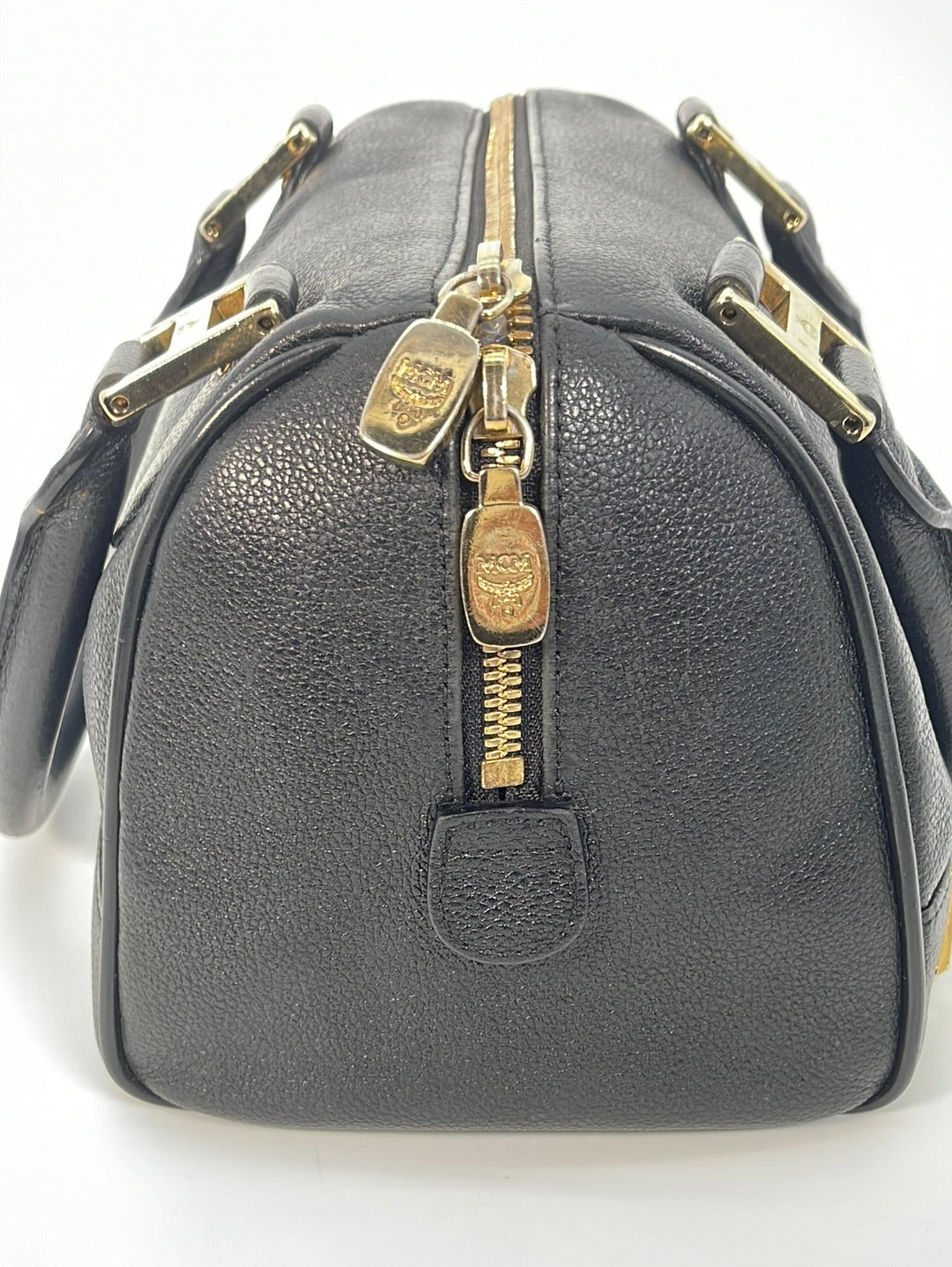 PRELOVED MCM Black Leather and Gold Studded Logo Boston Handbag