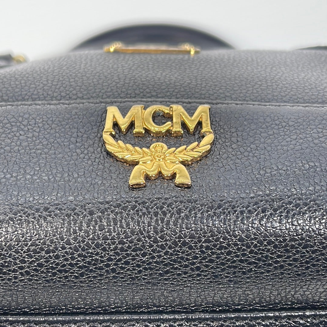 PRELOVED MCM Black Leather and Gold Studded Logo Boston Handbag M4929 –  KimmieBBags LLC