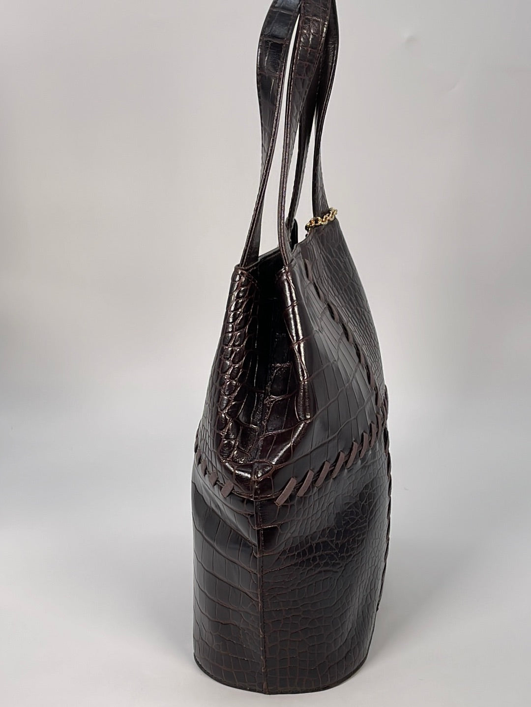 Preloved Saint Laurent Dark Brown Crocodile Embossed Leather Bucket Handbag XJ288HY 020123. ** DEAL *** -