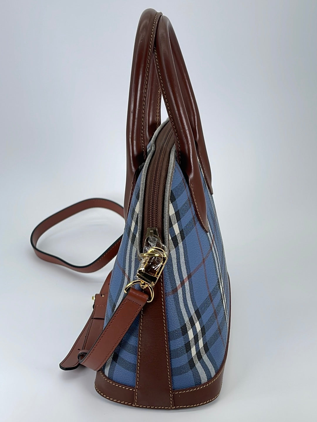 Preloved BURBERRY Blue Haymarket Check and Brown Leather Dome Handbag B84J7W9 031023