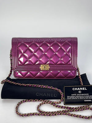 Preloved Chanel Quilted Purple Patent Leather Boy Wallet on Chain