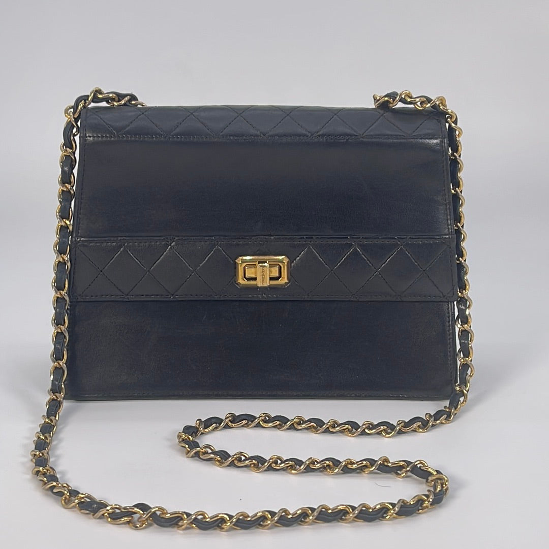 Vintage CHANEL Quilted Matelasse CC Logo Navy Lambskin Chain