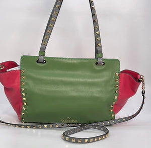 Preloved Valentino Red, Pink, and Green Leather Rockstud Tote with Crossbody Strap BLH037VMQ3 120822