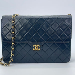 CHANEL Classic Vintage Medium Quilted Leather Flap Shoulder Bag - Midnight  Blue/Black