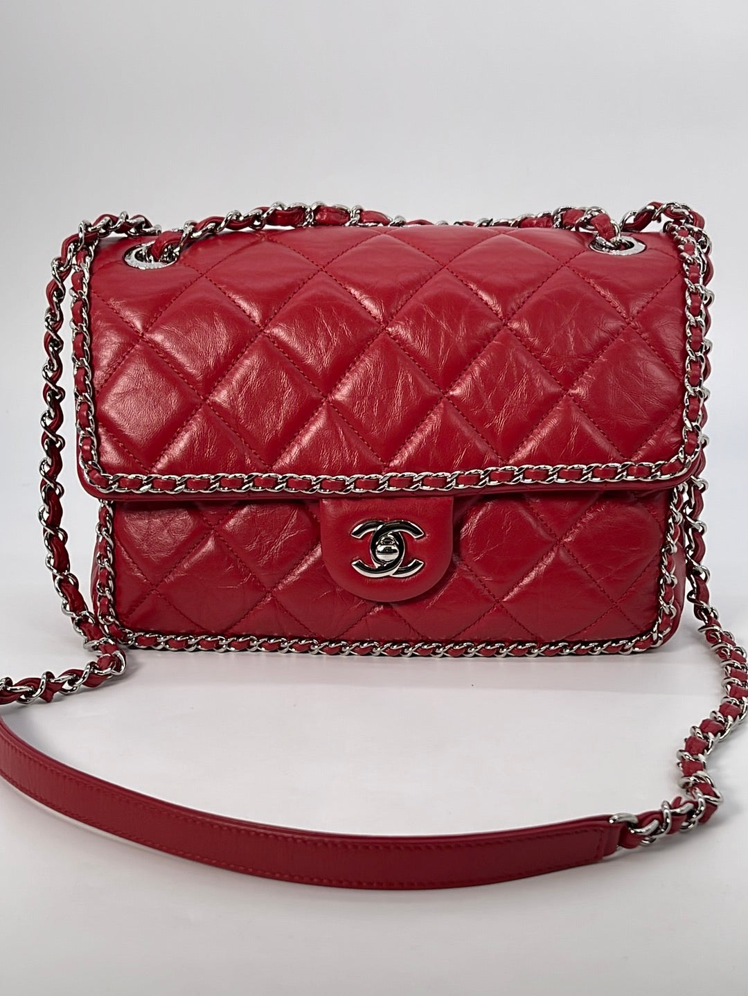 Chanel Crumpled Calfskin Leather Medium Running Chain Around Red Flap Bag -  Luxury In Reach