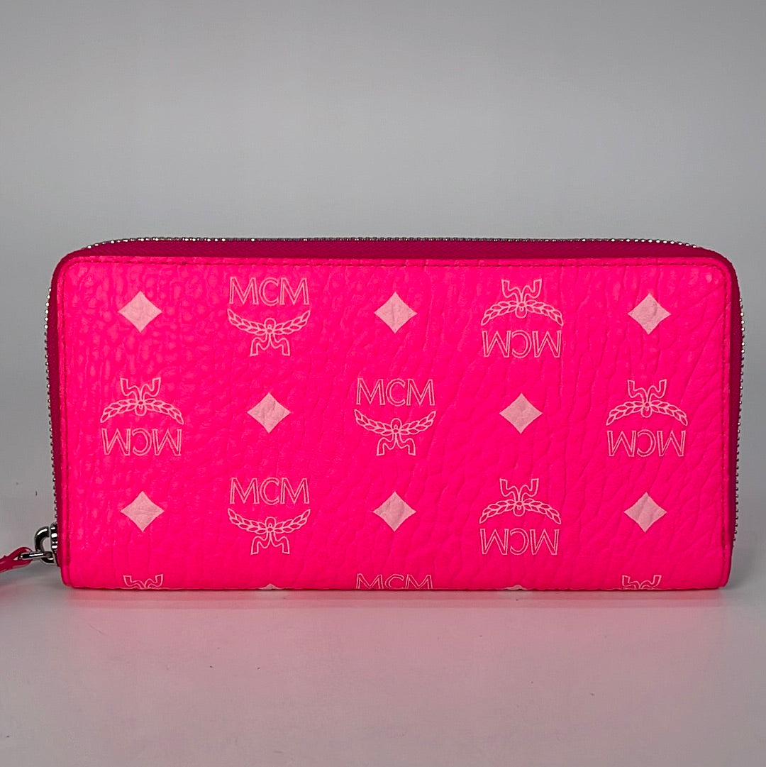 Preloved MCM Neon Pink Visetos Long Zip Wallet MYLCATA03QP001 021523
